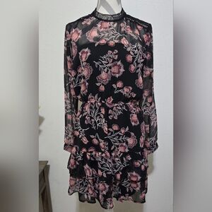 BB Dakota Black Floral Dress Tiered Skirt Sheer Long Sleeves Pink Purple